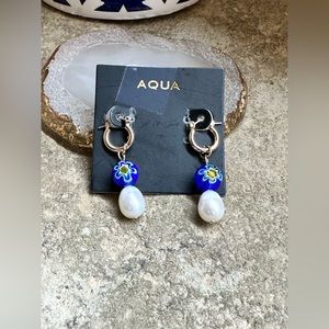 Aqua Gold Flower Beaded Dangle Earrings